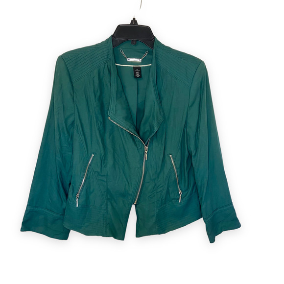 White House Black Market Jackets & Blazers - White House Black Market Moto Blazer Green Teal Linen Blend Size 14
